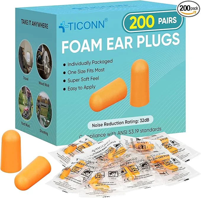 Recyclable TICONN 200 Pairs Foam Ear Plugs Individually Wrapped 32dB NRR Noise Reduction Relaxed