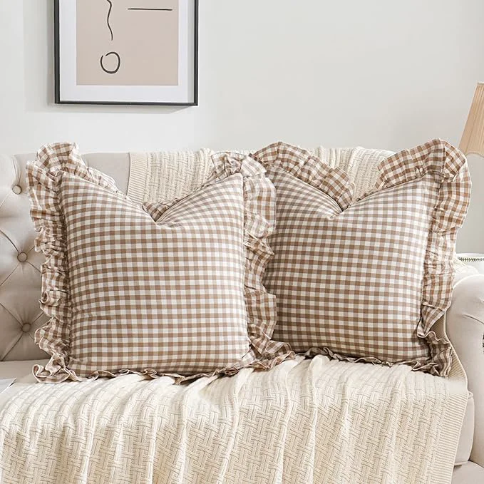 High-End 2 Pack Taupe Brown Plaid Ruffle Throw Pillow Covers Farmhouse Checkered Chic Durable