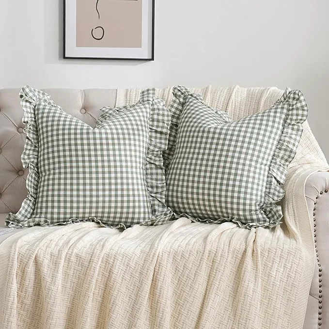 Top-Quality 2 Pack Sage Green White Plaid Ruffle Throw Pillow Covers Farmhouse Checkered Trendy
