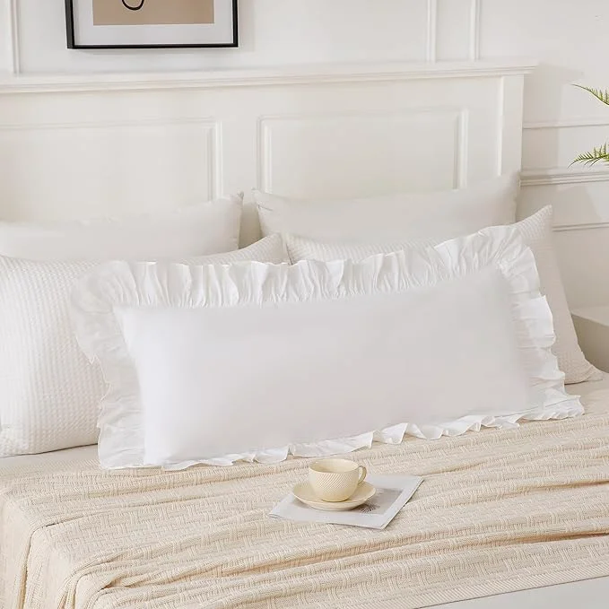 Elegant 14×36 inches Off White Ruffled Lumbar Pillow Cover 1 Piece Pure Washed Cotton Fast