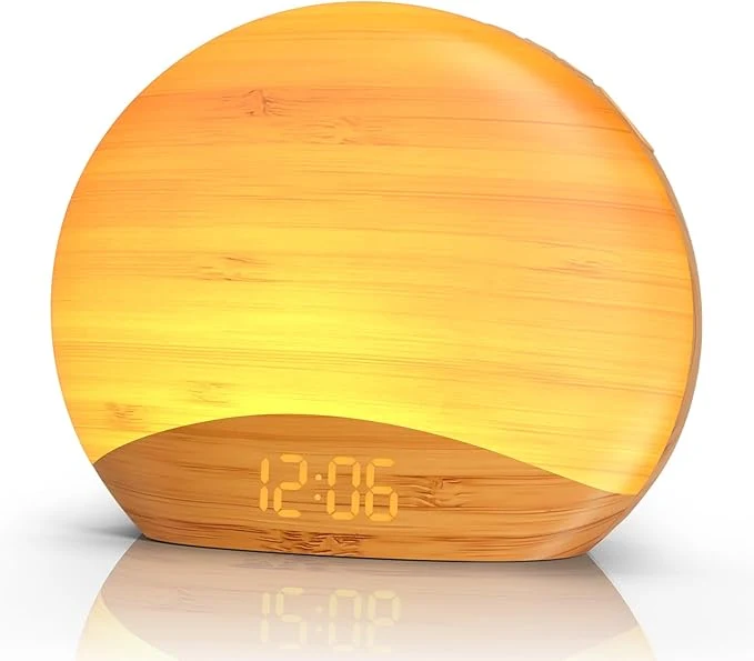 Powerful REACHER Natural Wood Grain Sound Machine Sunrise Alarm Clock，26 Nature Inspired Professional
