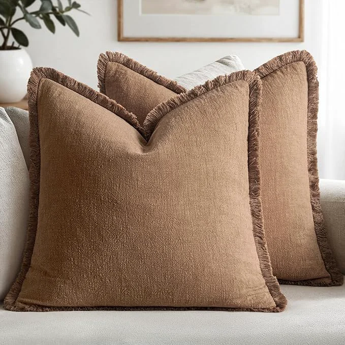 World-Class MIULEE Decorative Throw Pillow Covers Neutral Linen Fringe Throw Pillows Euro Detailed