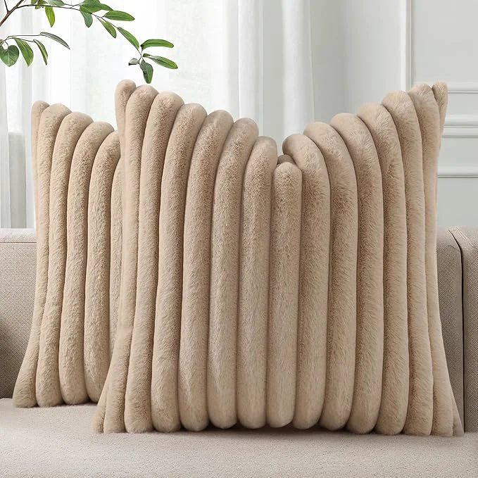 Minimalist Pallene Faux Fur Plush Throw Pillow Covers 16×16 Set of 2 Luxury Soft Fluffy Modern