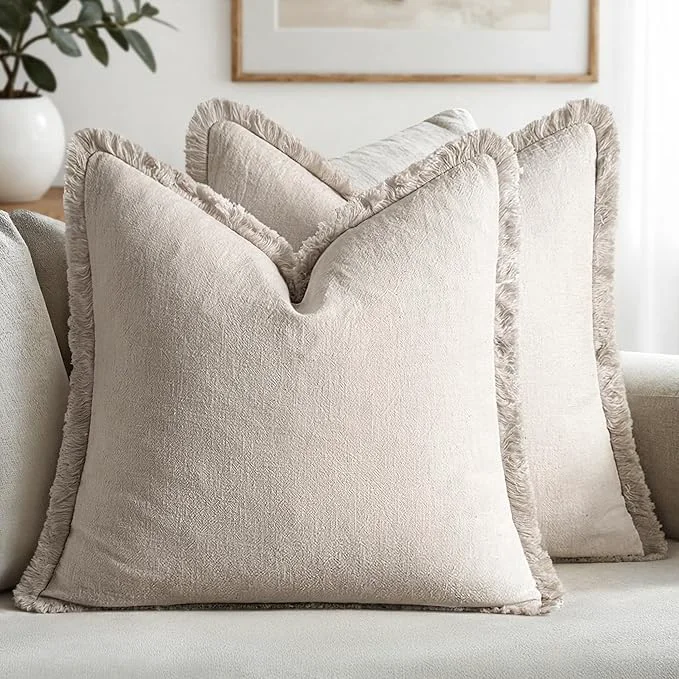 Healthy MIULEE Decorative Throw Pillow Covers Neutral Linen Fringe Throw Pillows Euro Dependable