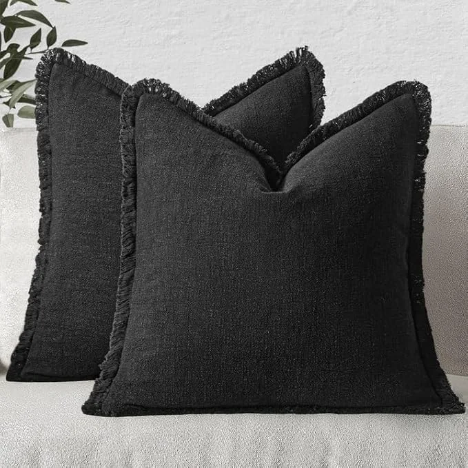 Refined MIULEE Decorative Throw Pillow Covers Neutral Linen Fringe Throw Pillows Set of Genuine