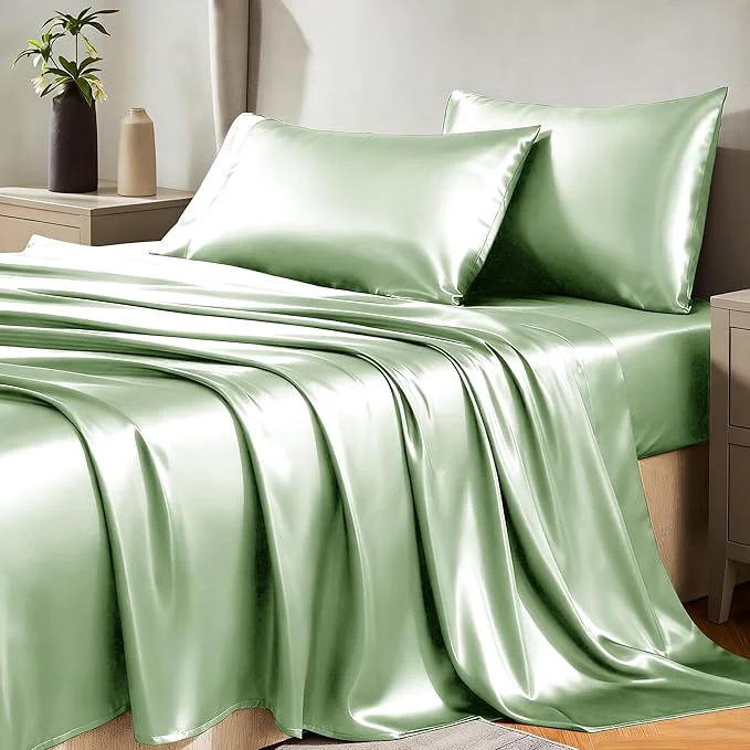 Natural CozyLux Satin Sheets Queen Size Bed Set Certified