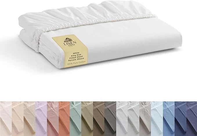 Pure Linen Home Cotton Percale Weave Fitted Sheet King Size 1 Deep Pocket Top-Quality