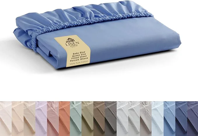 Organic Linen Home Cotton Percale Weave Fitted Sheet Queen Size Baby Blue Fine Crafted