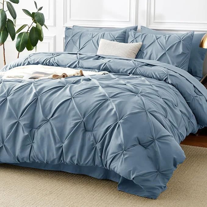 Environmentally Friendly CozyLux Queen Comforter Set Mineral Blue 7 Pieces Pintuck Bed in A Bag Specialty