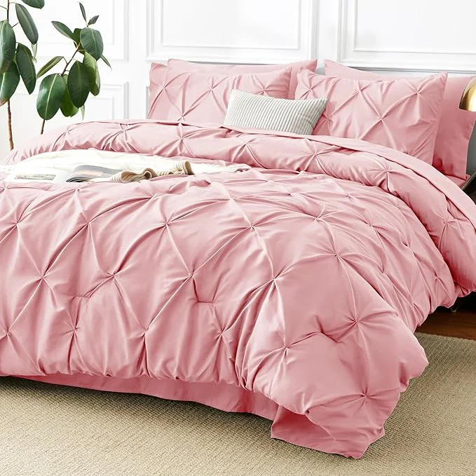 Outstanding CozyLux Full Size Comforter Sets Pink 7 Pieces Pintuck Bed in A Bag Pink Comfortable