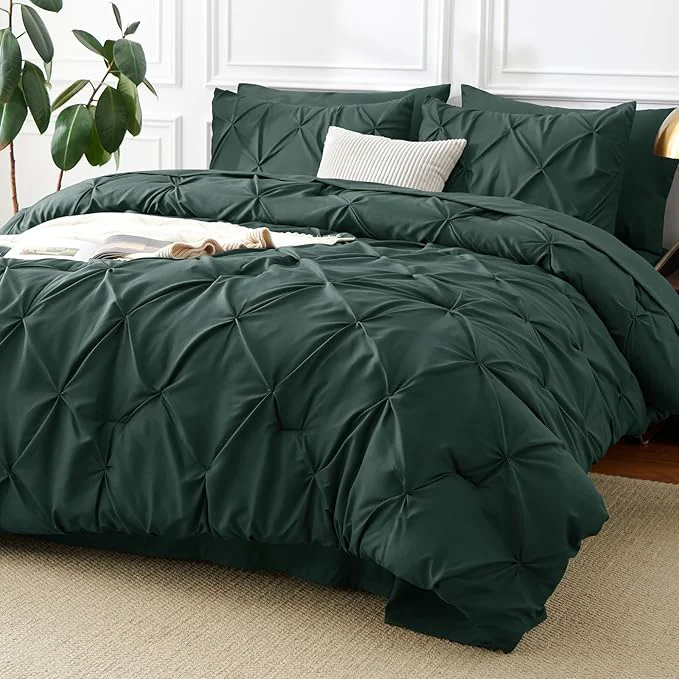 First-Class CozyLux King Size Comforter Set Forest Green 7 Pieces Pintuck Bed in A Bag Carefully Designed