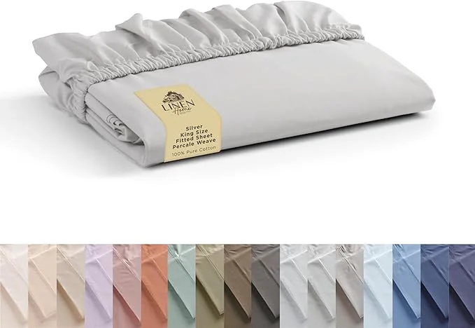 Relaxed Linen Home Cotton Percale Weave Fitted Sheet King Size 1 Deep Pocket High-Performance