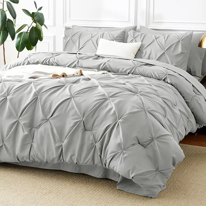 Contemporary CozyLux Full Size Comforter Sets Light Grey 7 Pieces Pintuck Bed in A Bag Gray Specialty