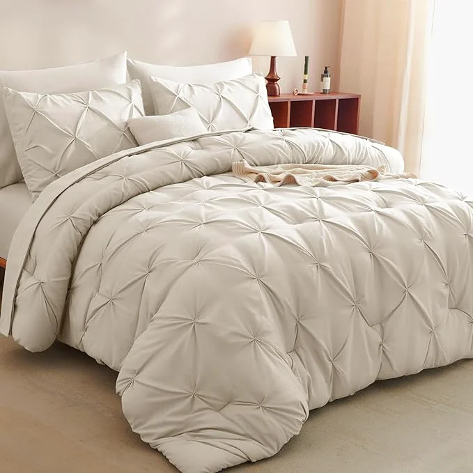 Genuine CozyLux Oversized King Comforter Sets Beige 7 Pieces Oversized King Pintuck Elite