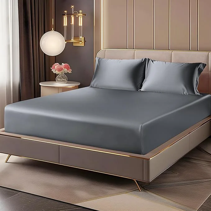 Next-Generation BEDELITE Satin Fitted Sheet and Pillowcases Set Luxury Soft Similar to Silk Breathable