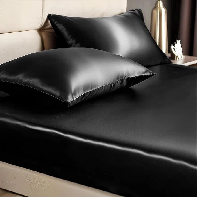 Detailed BEDELITE Satin Fitted Sheet and Pillowcases Set Luxury Soft Similar to Silk Green