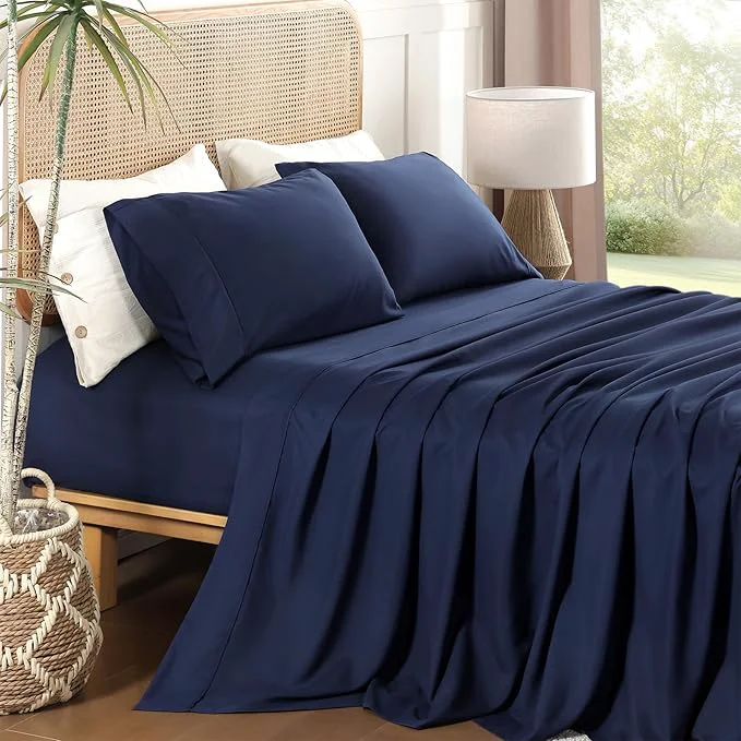 Advanced Full Sheet Set 4 Piece Wrinkle Oeko-Tex Bedsheets，Navy Blue Soft