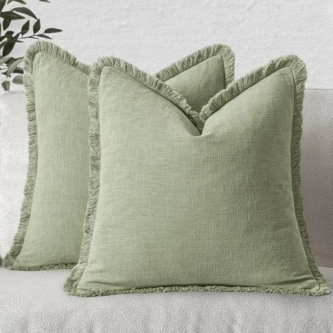 Premium MIULEE Decorative Throw Pillow Covers Neutral Linen Fringe Throw Pillows Set of Soft