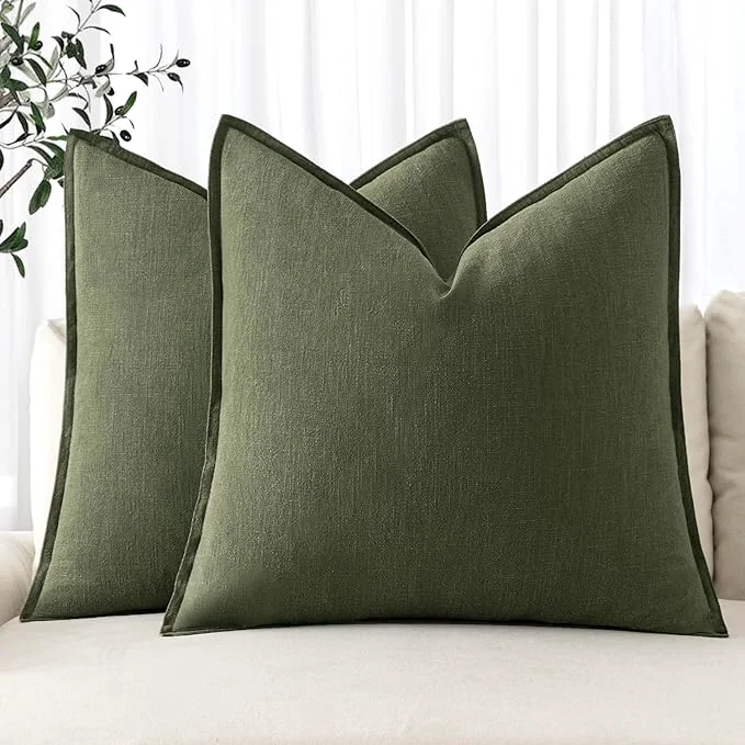 High-End MIULEE Decorative Linen Pillow Covers 18×18 Inch Dark Olive Green Boho Detailed