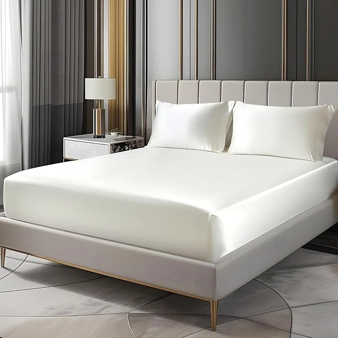 Prestigious BEDELITE Satin Fitted Sheet and Pillowcases Set Soft Similar to Silk Bottom Efficient
