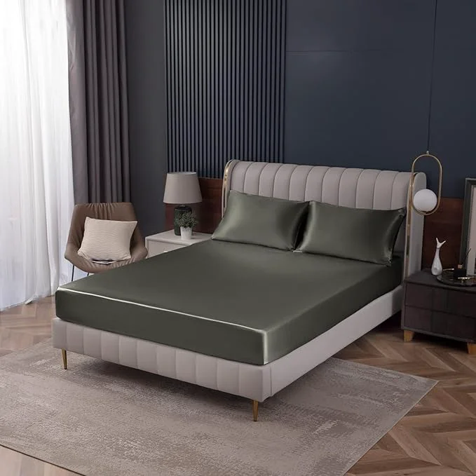 Crafted Homiest Dark Grey Satin Fitted Sheet Queen Size Deep Pocket Luxury Ultra Safe