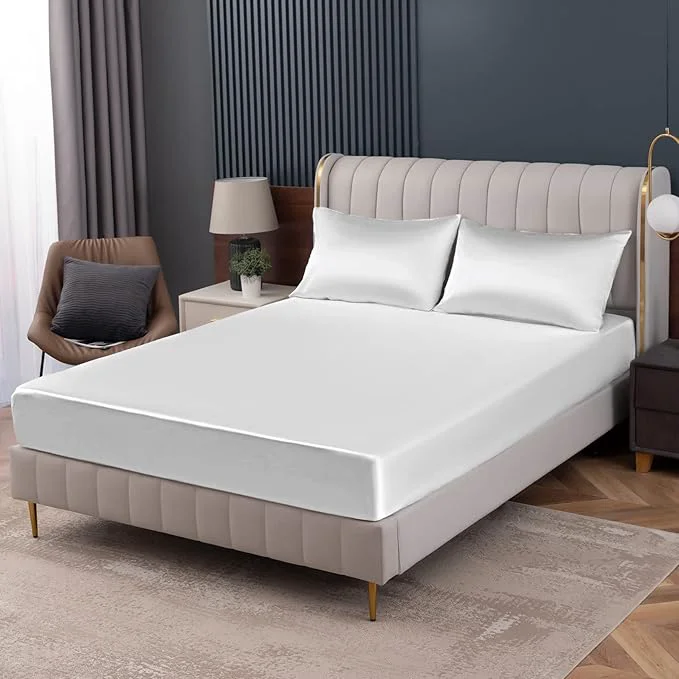 Advanced Homiest White Satin Fitted Sheet Queen Size Deep Pocket Luxury Ultra Soft First-Class