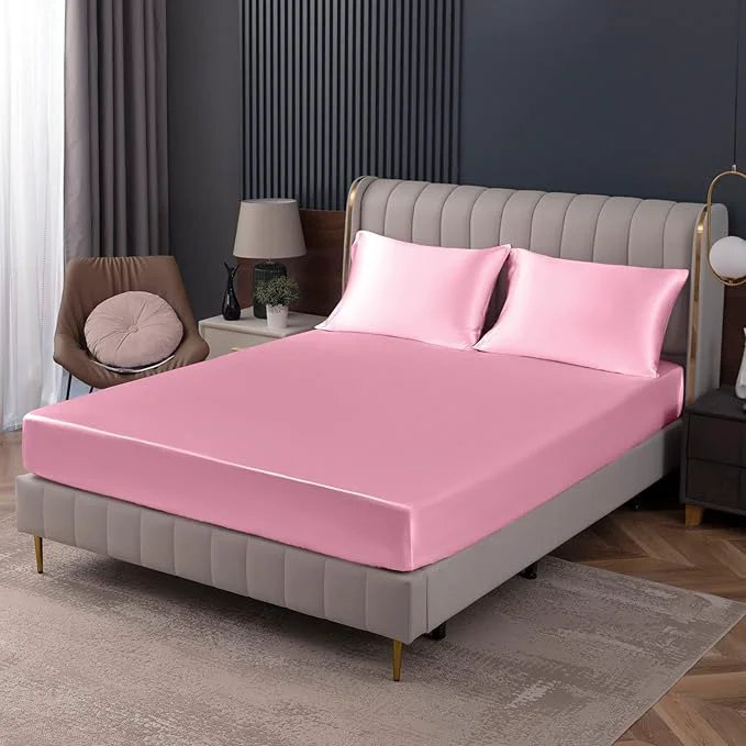 High-Quality Homiest Pink Satin Fitted Sheet King Size Deep Pocket Luxury Ultra Soft Sophisticated