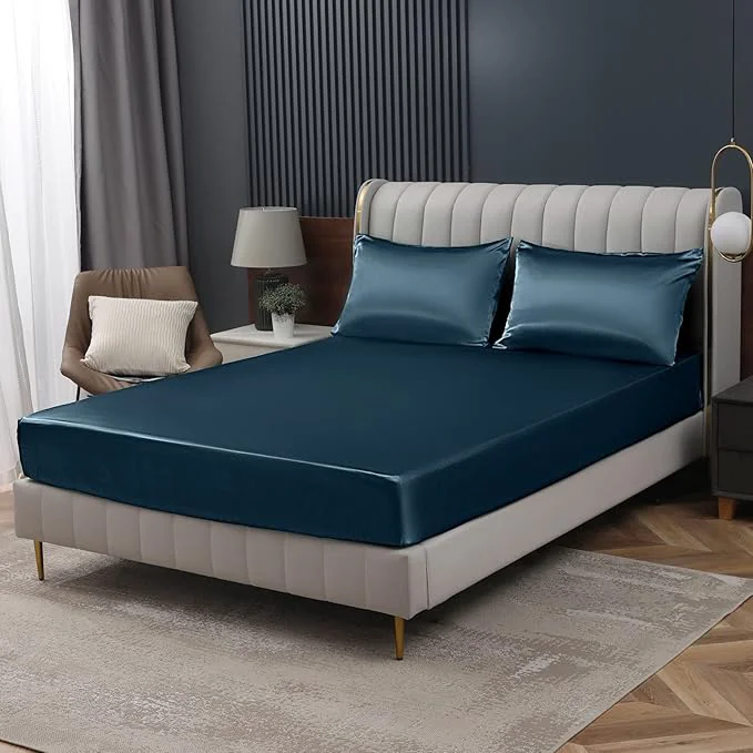 Eco-Friendly Homiest Deep Sea Blue Satin Fitted Sheet Twin Size Deep Pocket Luxury Ultra High-Grade