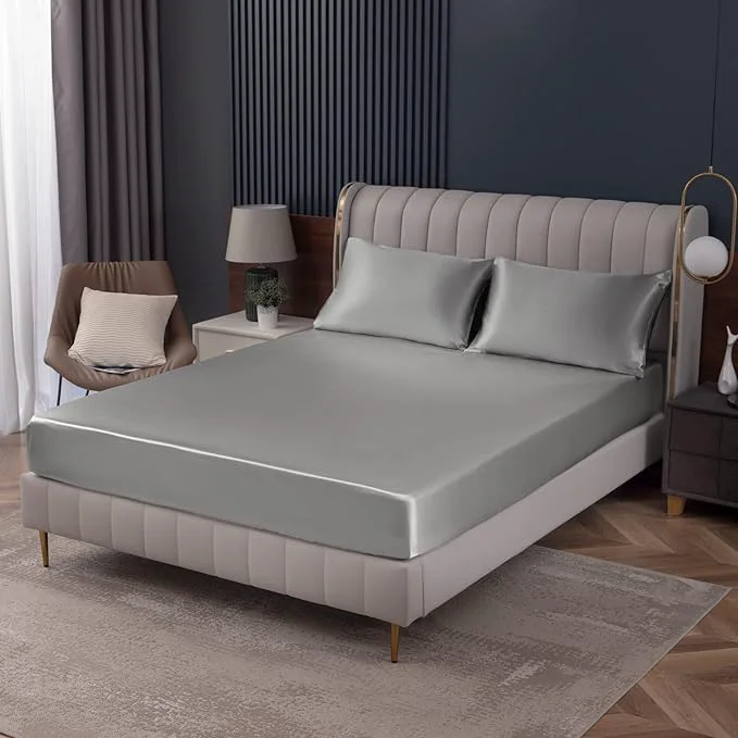Classic Homiest Light Grey Satin Fitted Sheet Queen Size Deep Pocket Luxury Ultra Sophisticated