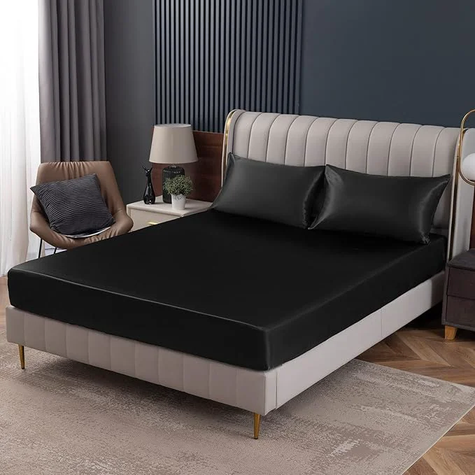Classic Homiest Black Satin Fitted Sheet Queen Size Deep Pocket Luxury Ultra Soft Enhanced