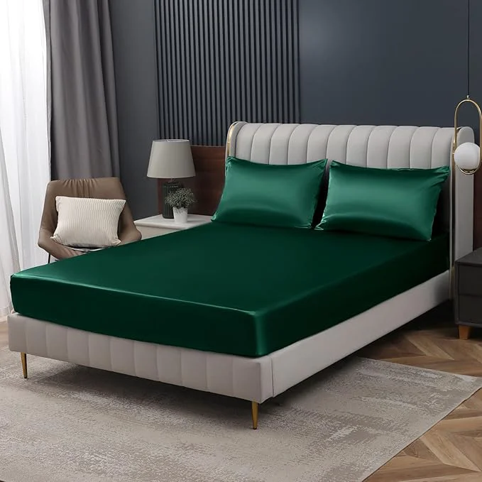 World-Class Homiest Blackish Green Satin Fitted Twin Size Bed Sheet Deep Pocket Luxury Unique