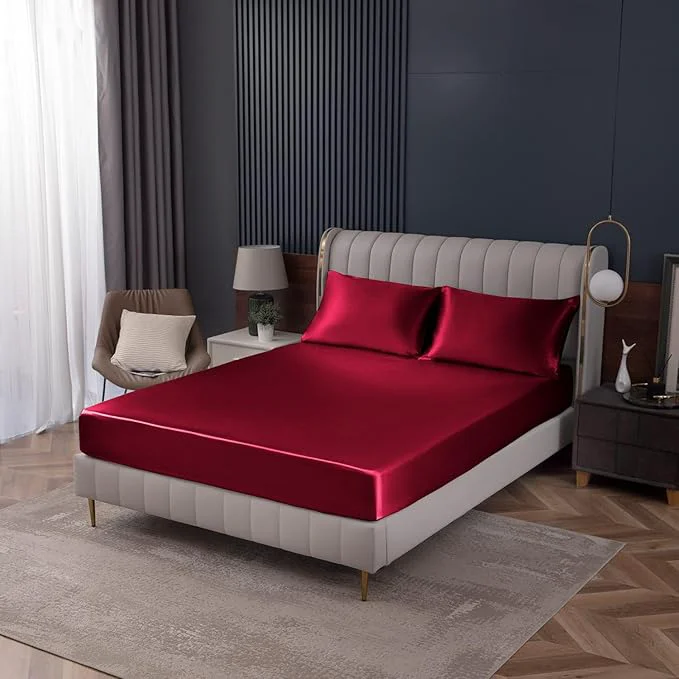 Quality Homiest Burgundy Satin Fitted Sheet King Size Deep Pocket Luxury Ultra Soft Versatile
