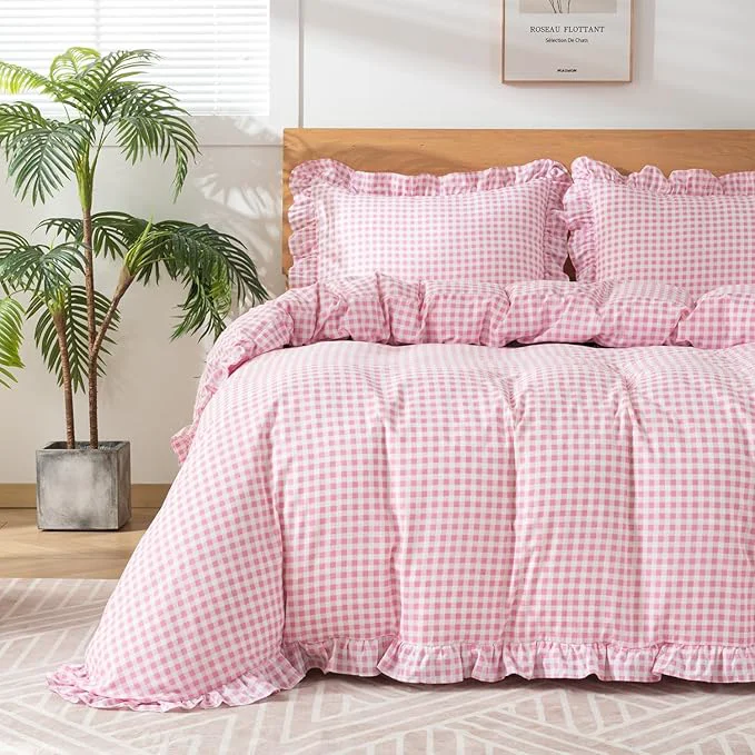 Practical Gingham Duvet Cover Queen Size 3 Pieces Soft Breathable Microfiber Plaid World-Class