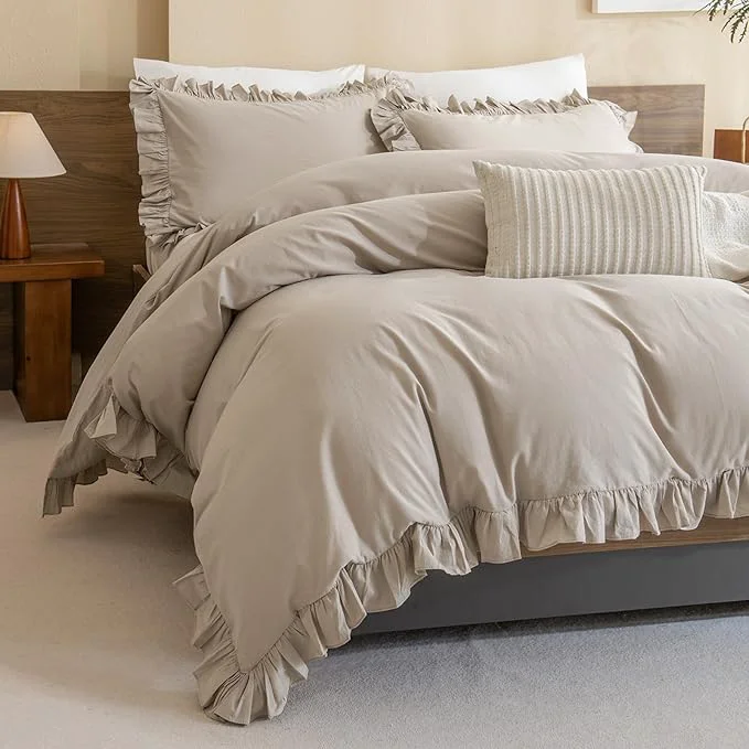 Authentic QSH Washed Cotton Duvet Cover King Ruffle Duvet Cover Linen Textured Farmhouse First-Class