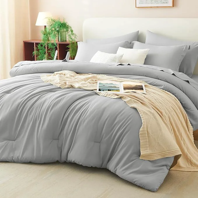 Casual CozyLux King Size Comforter Set Light Grey 7 Pieces Bed in a Bag King Responsible