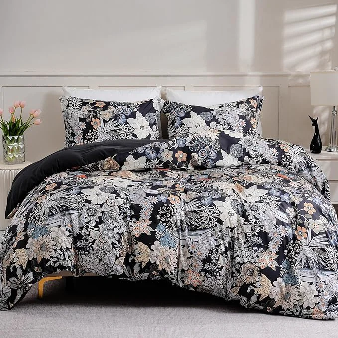 Functional LONAVA King Flower 3 Pcs Duvet Cover Set Breathable Soft Microfiber Black Elegant