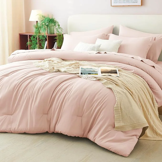 Genuine CozyLux Queen Comforter Set Blush Pink 7 Pieces Bed in a Bag Queen Comforter Durable
