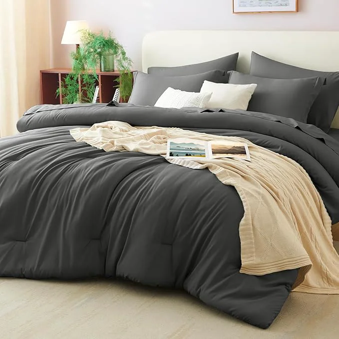 User-Friendly CozyLux King Size Comforter Set Dark Grey 7 Pieces Bed in a Bag King Comforter Top-Quality