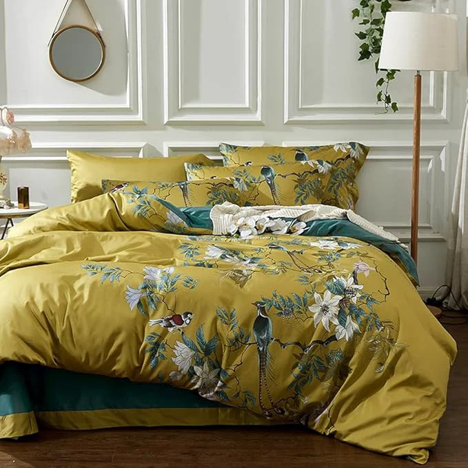 Top-Quality mixinni Duvet Cover California King Size Floral Bird Pattern Cotton Duvet Cover Contemporary