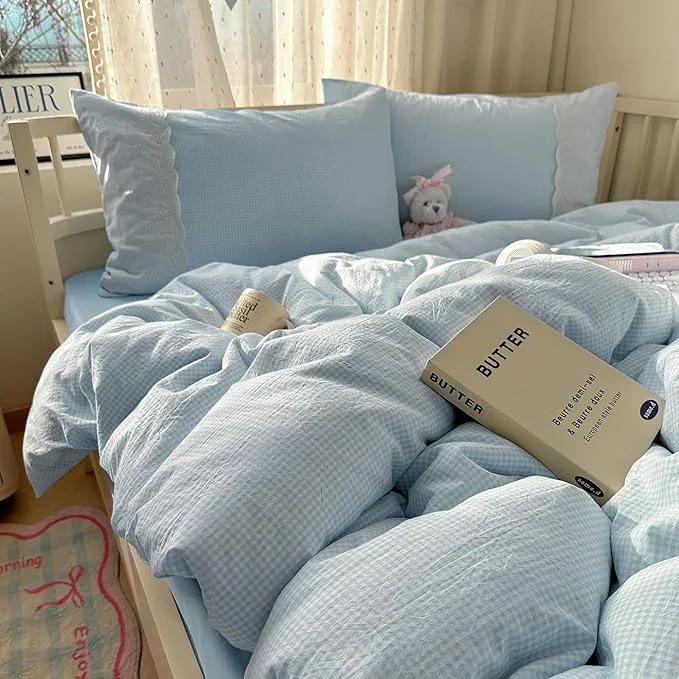 Effective mixinni Blue Gingham Duvet Cover King Size Breathable