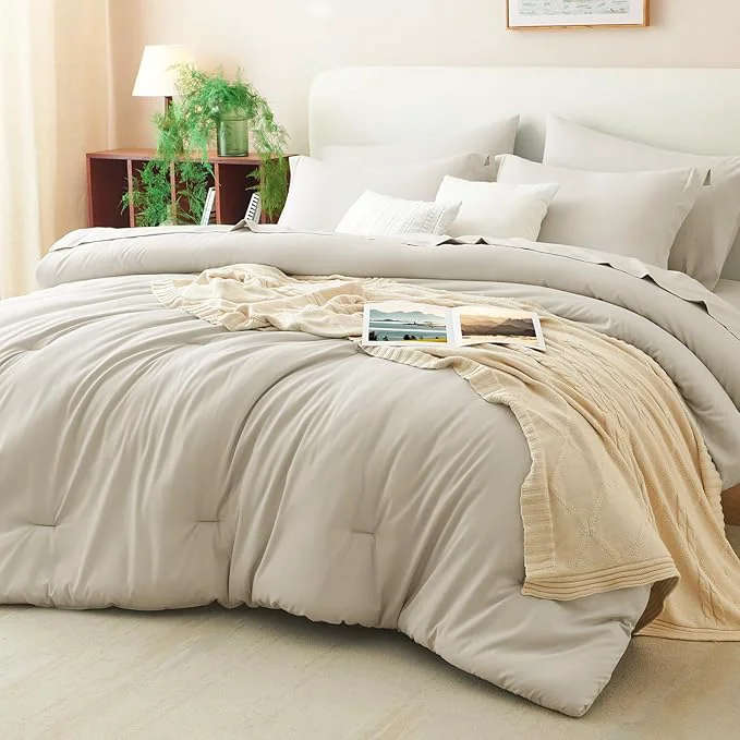 Solid CozyLux Oversized Queen Comforter Set Beige 7 Pieces Bed in a Bag Comforter Set Comfortable