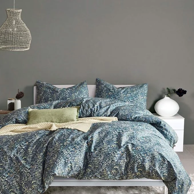 Artisan mixinni Blue Floral Duvet Cover King Size Cotton Flowers Pattern King Bedding Stylish