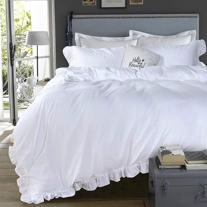 Durable QSH White Ruffle California King Duvet Cover Washed Cotton Farmhouse Shabby Trusted