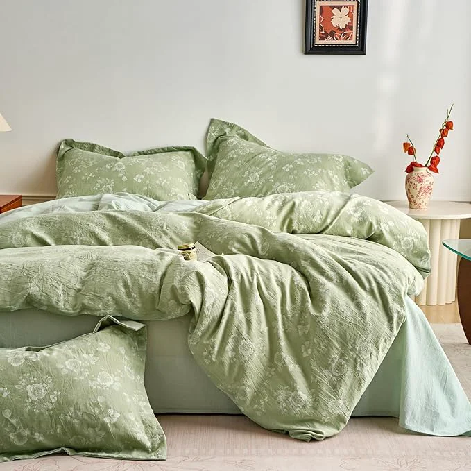 Artisan mixinni Washed Cotton Cover Set Reversible Vintage Green Floral Butterfly Long-Lasting
