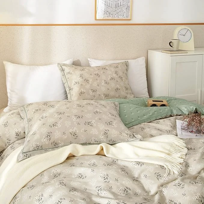 High-Grade mixinni Duvet Cover Set Floral King Size Soft Cotton Bedding Flower Green First-Class