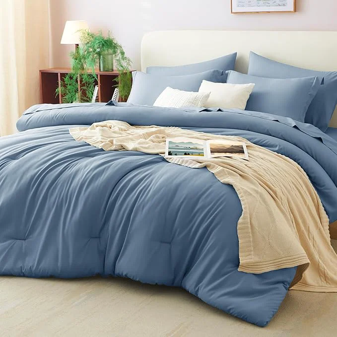 Stylish CozyLux California King Comforter Set Grayish Blue 7 Pieces Cal King Dusty Top-Quality