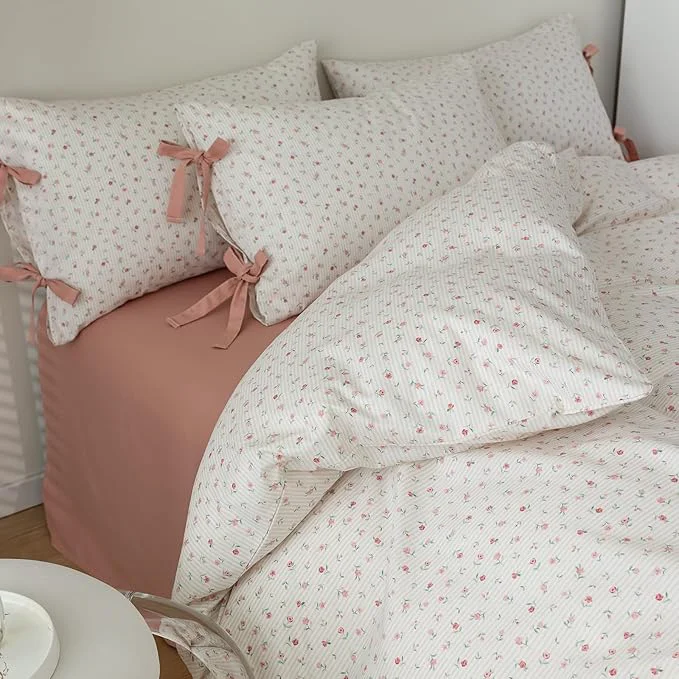 Sophisticated mixinni White Flower Pattern Duvet Cover Full Pink Floral Stripes Duvet Cover High-Quality