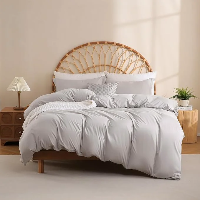 Clean JSD Light Grey Duvet Cover Set Full Size 3 Piece Duvet Cover Lightweight