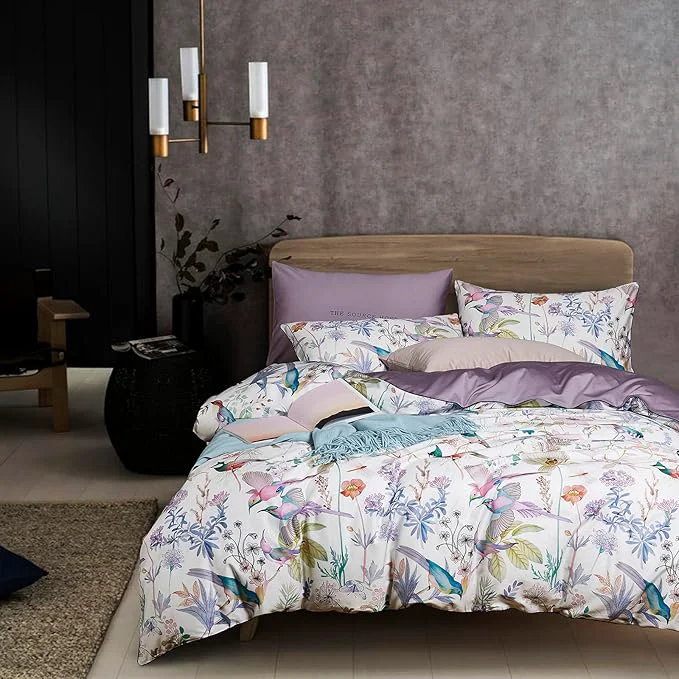 Crafted mixinni King Size Duvet Cover Purple Flowers Bird Bedding Sets Shabby Chic Boho Modern
