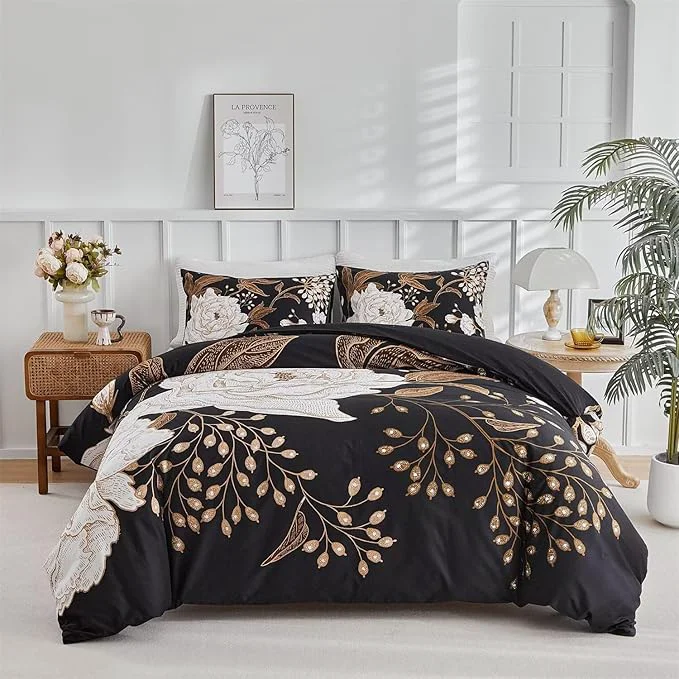 Reusable MKXI Bold Floral Black Duvet Cover Full Bedding Set Luxurious Premium Cotton Prestigious